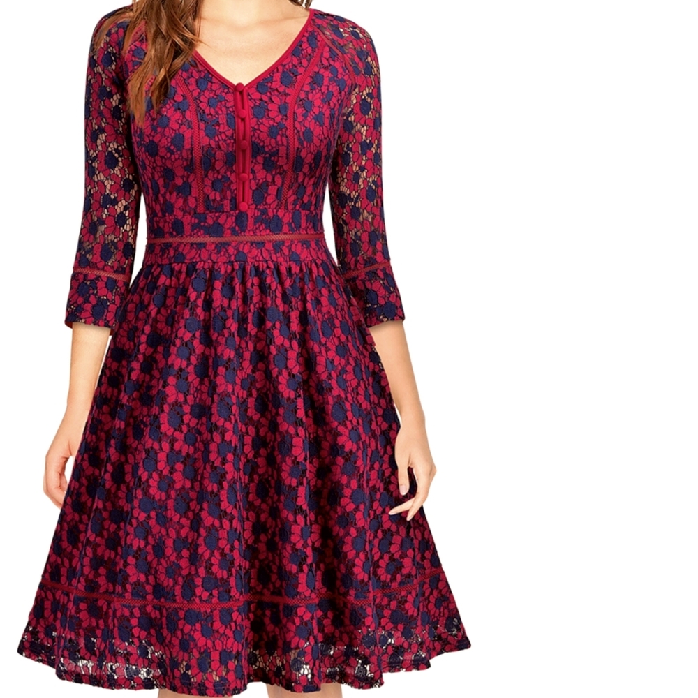 ModCloth Navy and Fuchsia Lace Fit-and-Flare Dress